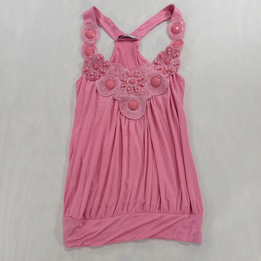 Bui Yah Kah Pink Beaded Halter Tank Top Y2K Racerback Bubble Hem Blouse Medium M